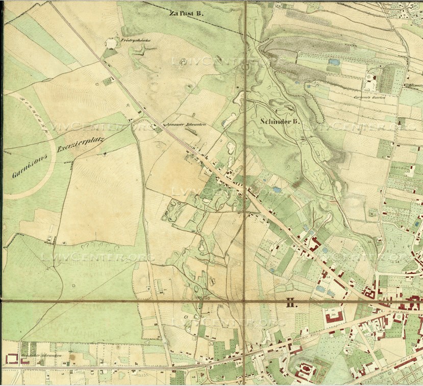 Мапа Львова 1844 без Левандівки, однак з іподромом на її місці