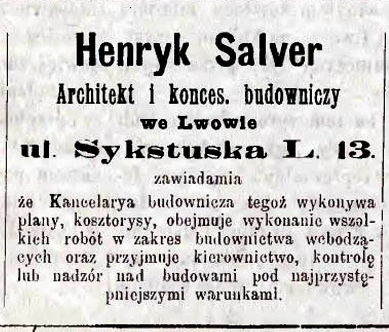 Оголошення Генрика Сальвера в газеті «Głos Wolny», 1893 р.