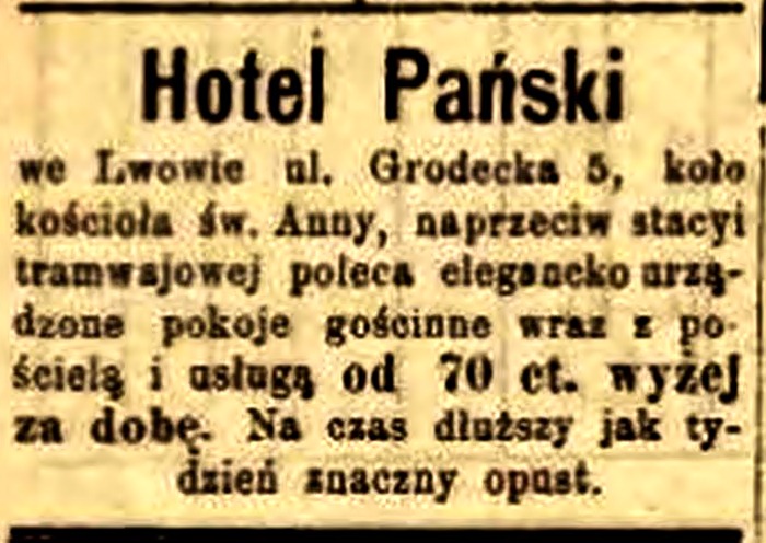 Реклама готелю «Панського» в газеті «Słowo Polskie», 1897 р.