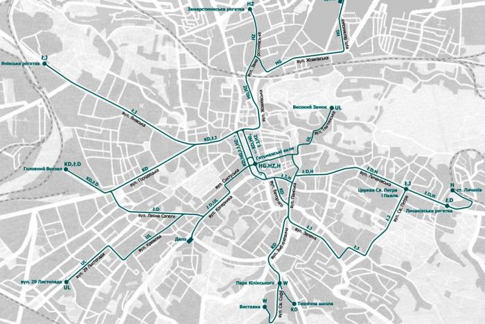 Схема руху трамваїв станом на 1914 рік. Джерело – http://lvivtrans.net/tram.php