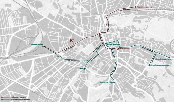 Схема руху трамваю у 1895 році. Джерело – http://lvivtrans.net/tram.php