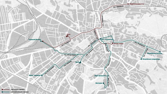 Схема руху трамваю у 1907 році. Джерело – http://lvivtrans.net/tram.php
