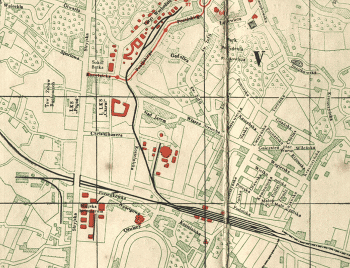 Фрагмент мапи Львова 1937, на мапі видно, що колія в парку має розгалуження і нова її частина проходить на місці сучасної колії дитячої залізниці