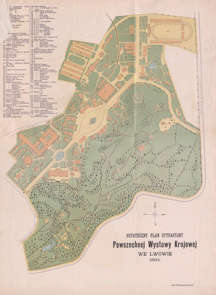 План Виставки крайової 1894 року, на якому видно як спочатку пролягала колія через парк, скан-копія книги 1897 року.
