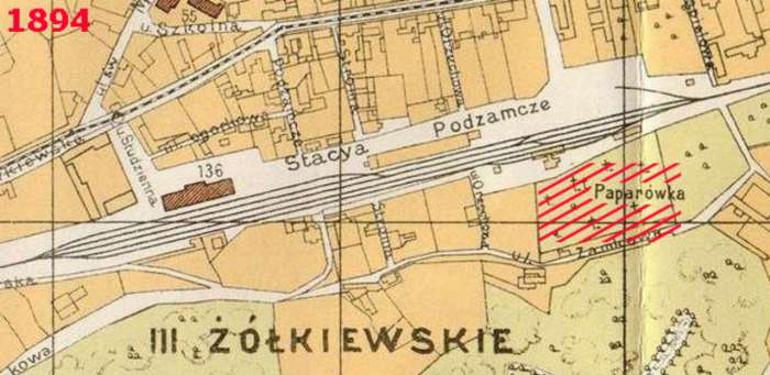Фрагмент карти 1894 року, позначено станцію “Підзамче”, що розташувалась на північній частині Папарівського цвинтаря