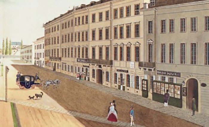 Площа Фердинанда (суч. Міцкевича) на фрагменті літографії Августа Гаттона 1847 р.