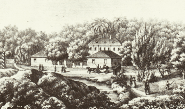 Літографія К.Ауера із зображення пивного саду на Погулянці. Літографія 1840 року