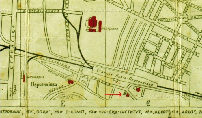 Мапа Львова 1930-х рр. Стрілкою позначено місце розташування пам’ятника захисникам Львова.
