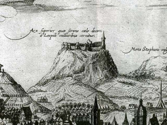 Фрагмент гравюри панорами Львова 17 століття із зображенням Замкової гори